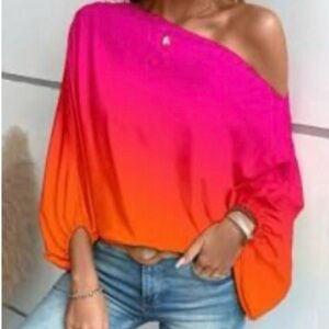 SHEIN LUNE Ombré Asymmetrical Neck Batwing Sleeve Blouse One Shoulder Top